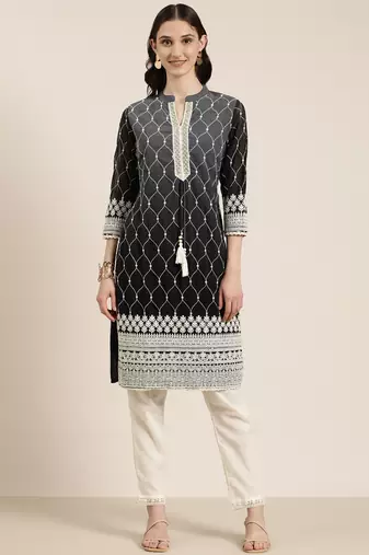 women's mandarin collar solid ombre grey straight kurta and trouser