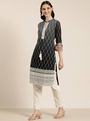 women's mandarin collar solid ombre grey straight kurta and trouser 4