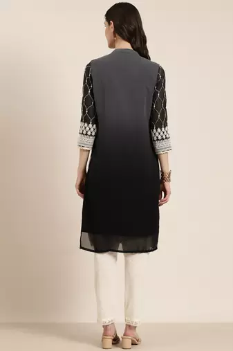 women's mandarin collar solid ombre grey straight kurta and trouser