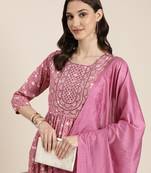 women's round neck floral pink a-line kurta and trouser with dupatta