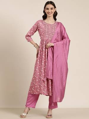 women's round neck floral pink a-line kurta and trouser with dupatta 2