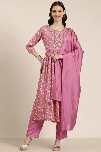 women's round neck floral pink a-line kurta and trouser with dupatta