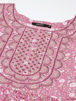 women's round neck floral pink a-line kurta and trouser with dupatta 3