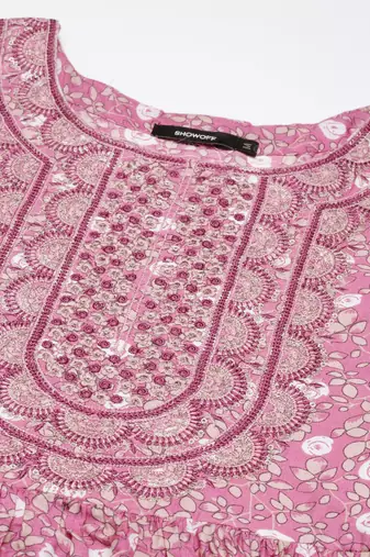 women's round neck floral pink a-line kurta and trouser with dupatta