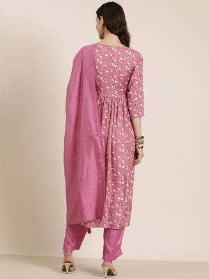 women's round neck floral pink a-line kurta and trouser with dupatta 4