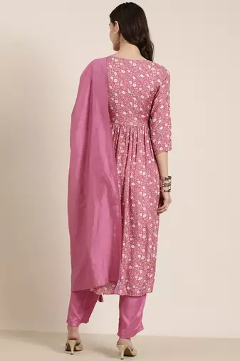 women's round neck floral pink a-line kurta and trouser with dupatta
