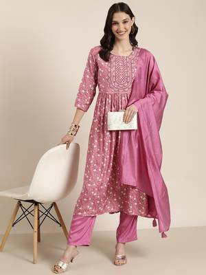 women's round neck floral pink a-line kurta and trouser with dupatta 5