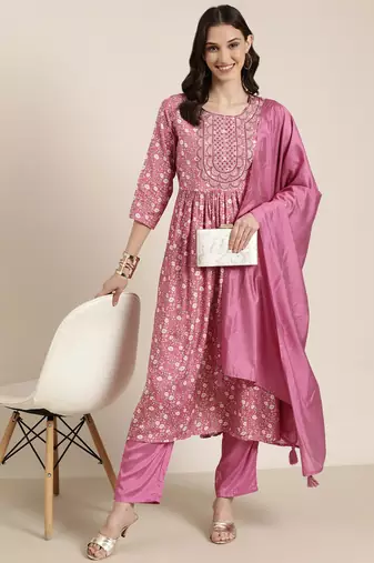 women's round neck floral pink a-line kurta and trouser with dupatta