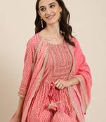 women's round neck floral foil print coral a-line kurta and trouser with dupatta