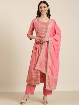 women's round neck floral foil print coral a-line kurta and trouser with dupatta 2