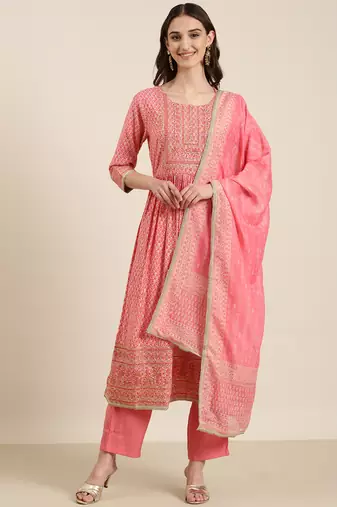 women's round neck floral foil print coral a-line kurta and trouser with dupatta