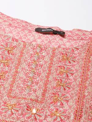 women's round neck floral foil print coral a-line kurta and trouser with dupatta 3