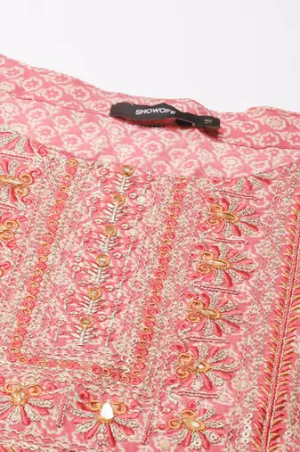 women's round neck floral foil print coral a-line kurta and trouser with dupatta