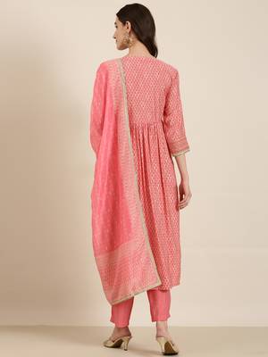 women's round neck floral foil print coral a-line kurta and trouser with dupatta 4