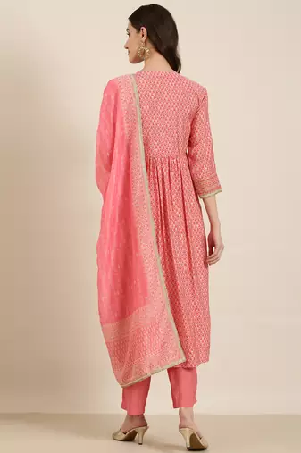 women's round neck floral foil print coral a-line kurta and trouser with dupatta