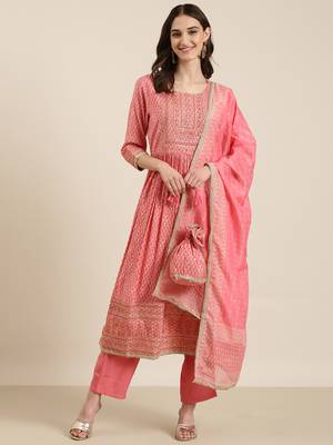 women's round neck floral foil print coral a-line kurta and trouser with dupatta 5