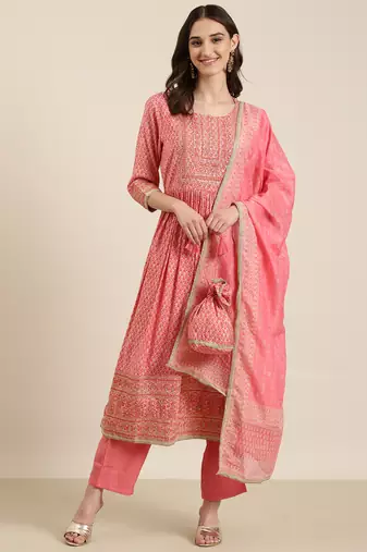 women's round neck floral foil print coral a-line kurta and trouser with dupatta