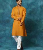 Men'S Rust And White Cotton Blend Kurta Pyjama Set
