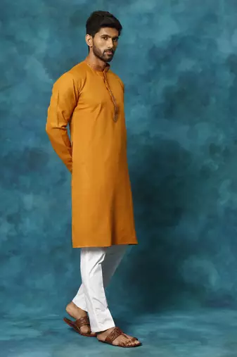 Rust And White Cotton Blend Kurta Pyjama Set