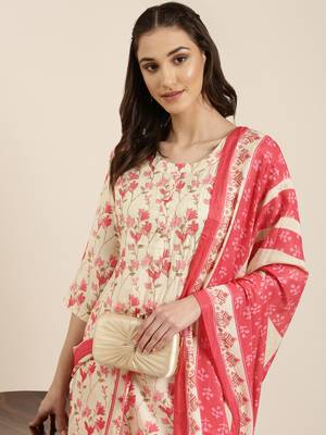 women's round neck floral foil print cream straight kurta and trouser with dupatta 1