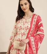 women's round neck floral foil print cream straight kurta and trouser with dupatta