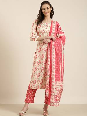 women's round neck floral foil print cream straight kurta and trouser with dupatta 2