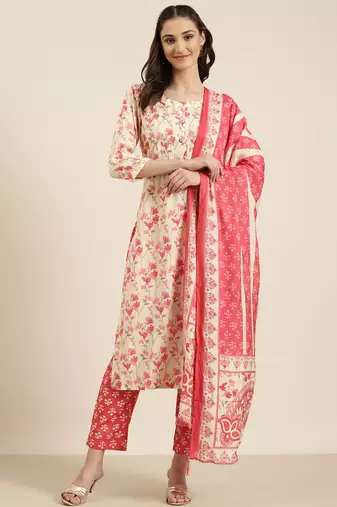 women's round neck floral foil print cream straight kurta and trouser with dupatta