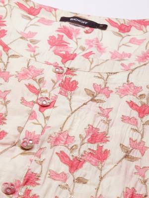 women's round neck floral foil print cream straight kurta and trouser with dupatta 3