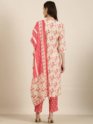 women's round neck floral foil print cream straight kurta and trouser with dupatta 4