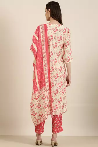 women's round neck floral foil print cream straight kurta and trouser with dupatta