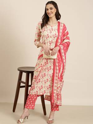 women's round neck floral foil print cream straight kurta and trouser with dupatta 5