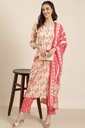 women's round neck floral foil print cream straight kurta and trouser with dupatta