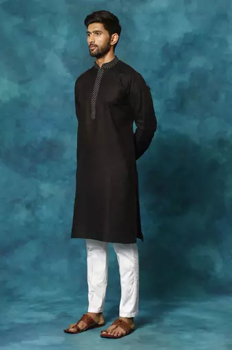 Black And White Cotton Blend Kurta Pyjama Set