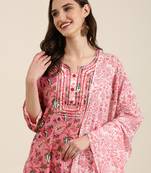 women's round neck floral pink straight kurta and trouser with dupatta