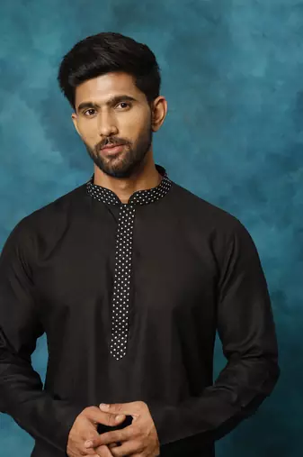 Black And White Cotton Blend Kurta Pyjama Set