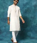 Cream And White Cotton Blend Kurta Pyjama Set