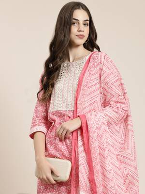 women's round neck floral pink straight kurta and trouser with dupatta 1