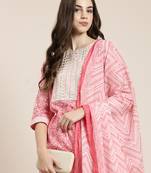 women's round neck floral pink straight kurta and trouser with dupatta