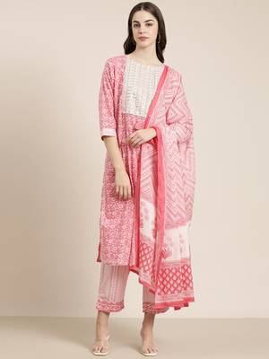 women's round neck floral pink straight kurta and trouser with dupatta 2
