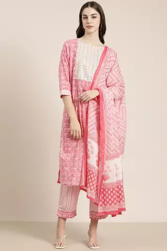 women's round neck floral pink straight kurta and trouser with dupatta