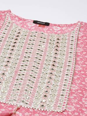 women's round neck floral pink straight kurta and trouser with dupatta 3