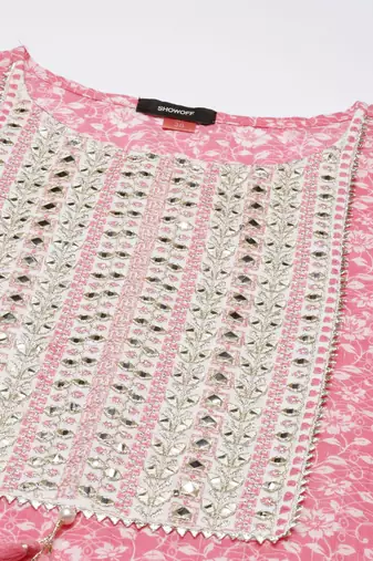 women's round neck floral pink straight kurta and trouser with dupatta