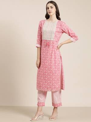 women's round neck floral pink straight kurta and trouser with dupatta 4