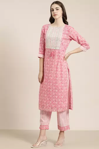 women's round neck floral pink straight kurta and trouser with dupatta