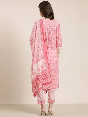 women's round neck floral pink straight kurta and trouser with dupatta 5