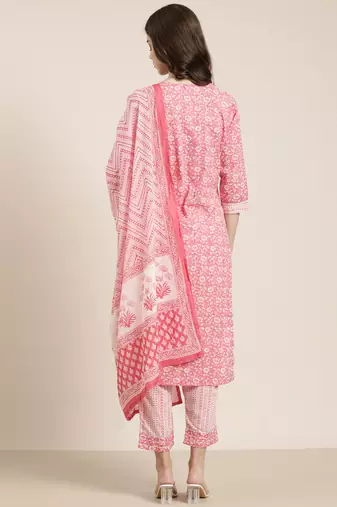 women's round neck floral pink straight kurta and trouser with dupatta