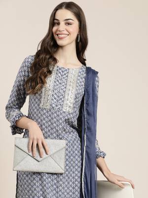 women's round neck abstract blue straight kurta and trouser with dupatta 1