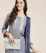 women's round neck abstract blue straight kurta and trouser with dupatta