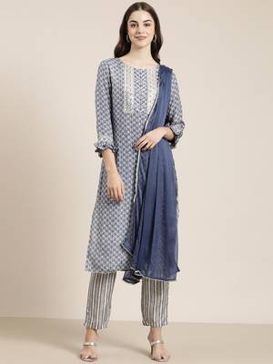 women's round neck abstract blue straight kurta and trouser with dupatta 2