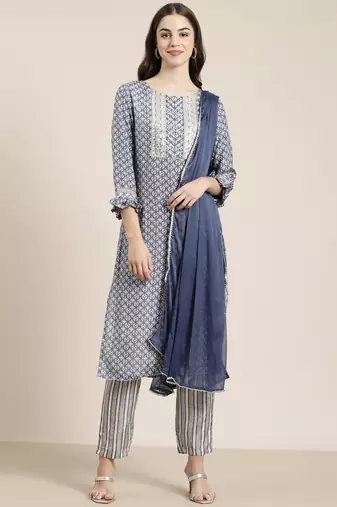 women's round neck abstract blue straight kurta and trouser with dupatta